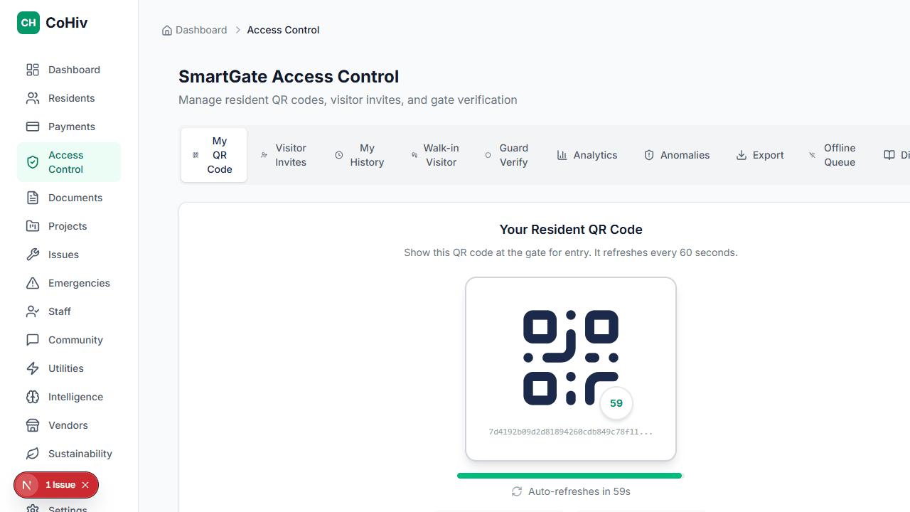 SmartGate access control panel with visitor entries