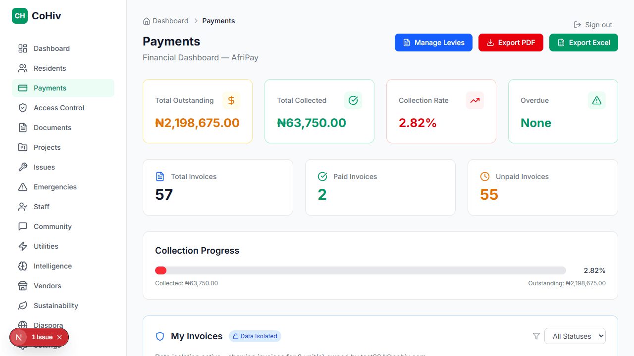 AfriPay payments dashboard showing reconciled invoices and rails