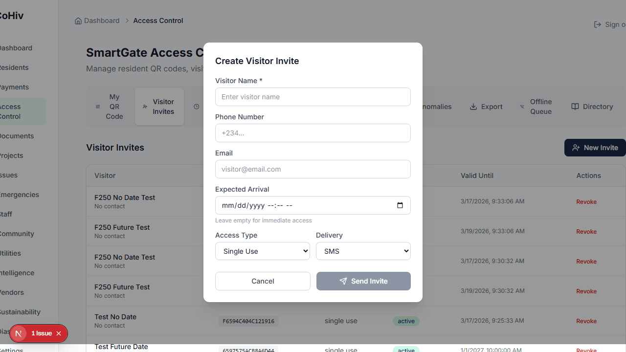 Visitor invite form with QR code